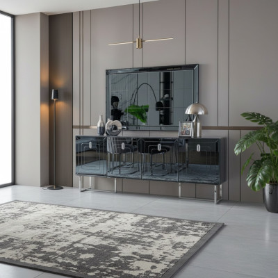 Gray dining room furniture, glass mirror, designer stainless steel sideboard, luxury set