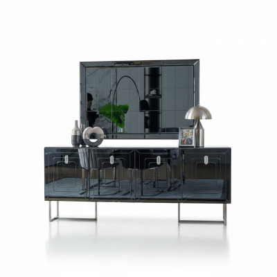 Gray dining room furniture, glass mirror, designer stainless steel sideboard, luxury set