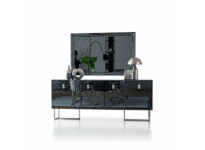 Gray dining room furniture, glass mirror, designer stainless steel sideboard, luxury set