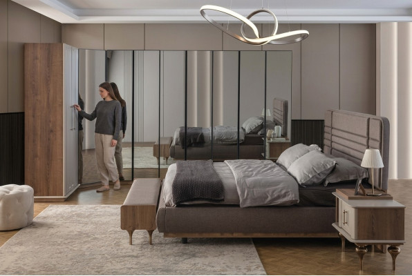 Designer bedroom set double bed 2x nightstands corner wardrobe 4-piece