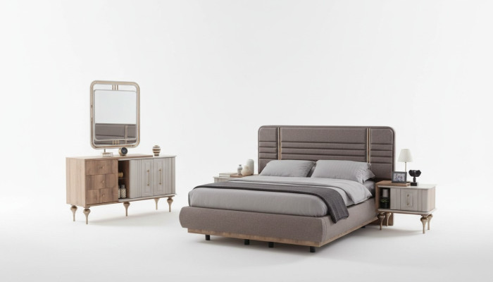 Noble bedroom set upholstered bed nightstands vanity table mirror
