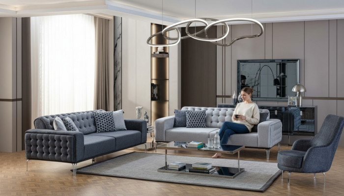 Chesterfield Gray Sofa Set Living Room Couches Three-Seater + Armchair