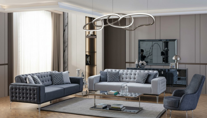 Chesterfield Gray Sofa Set Living Room Couches Three-Seater + Armchair