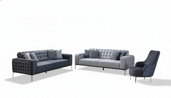 Chesterfield Gray Sofa Set Living Room Couches Three-Seater + Armchair