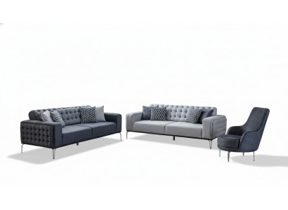 Chesterfield Gray Sofa Set Living Room Couches Three-Seater + Armchair