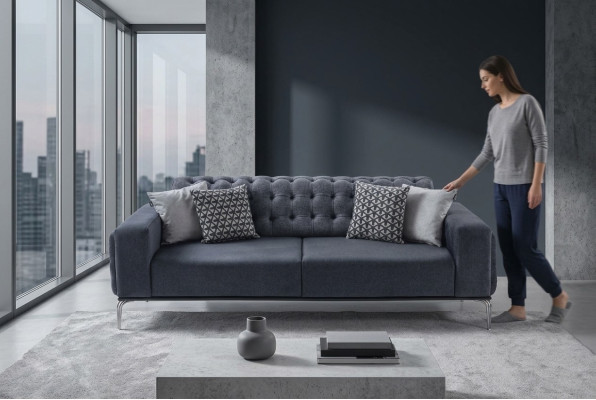 Chesterfield Gray 3-Seater Living Room Three-Seater Textile Couches New