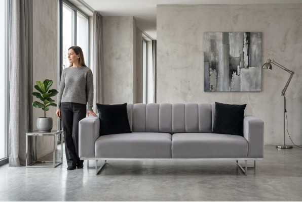 Light gray upholstered three-seater luxury sofas living room stylish couches