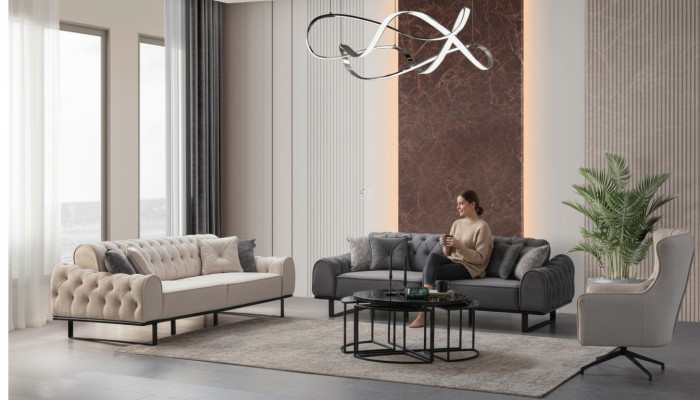 White-Gray Chesterfield Sofa Set Designer Upholstery Armchair 3-Piece Set