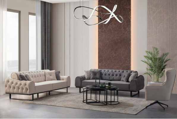 White-Gray Chesterfield Sofa Set Designer Upholstery Armchair 3-Piece Set