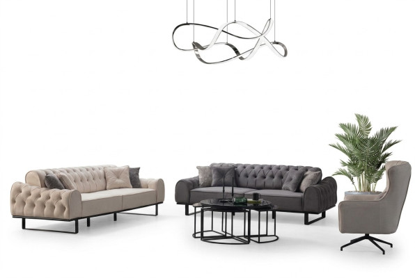 White-Gray Chesterfield Sofa Set Designer Upholstery Armchair 3-Piece Set