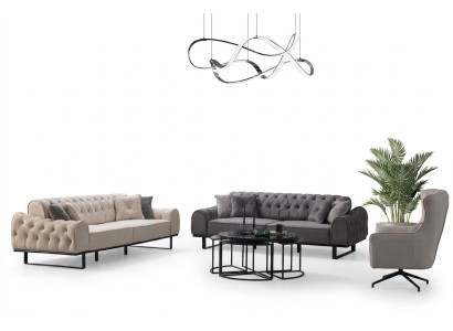White-Gray Chesterfield Sofa Set Designer Upholstery Armchair 3-Piece Set