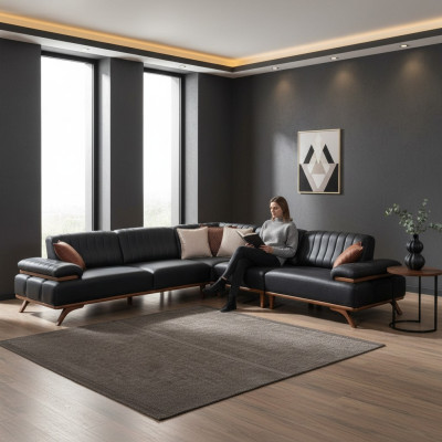 Black corner sofa designer L-shape luxurious sofa living room seating furniture