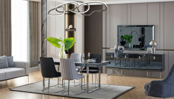 Black-Grey Dining Room Furniture Rectangular Dining Table 4x Fabric Chairs