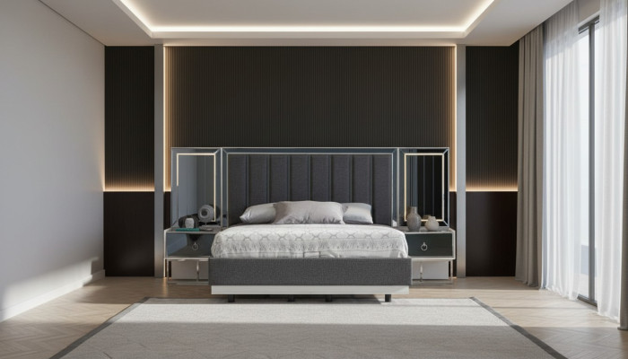 Gray bedroom set stainless steel bed 2x wooden nightstands 3-piece set