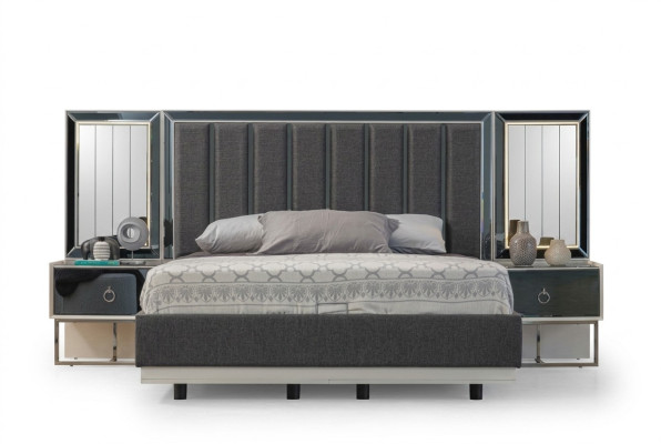 Gray bedroom set stainless steel bed 2x wooden nightstands 3-piece set
