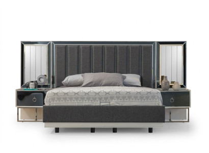 Gray bedroom set stainless steel bed 2x wooden nightstands 3-piece set