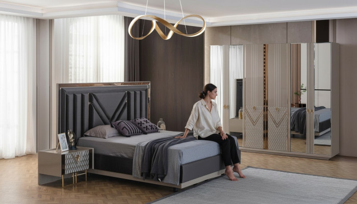 Gray bedroom furniture double bed wardrobe nightstands 4-piece set