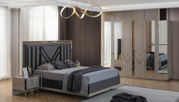 Gray bedroom furniture double bed wardrobe nightstands 4-piece set