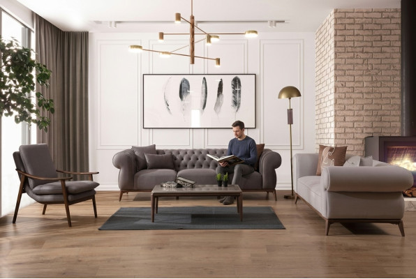 Gray living room sofa set luxury 4-seater designer 3-piece elegant armchair
