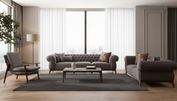 Gray living room sofa set luxury 4-seater designer 3-piece elegant armchair