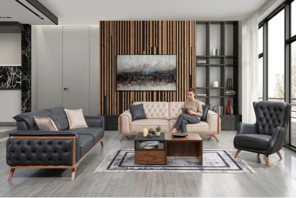 Stylish Black-Beige Living Room Sofa Set 3+3+1 Seater 3-piece Set