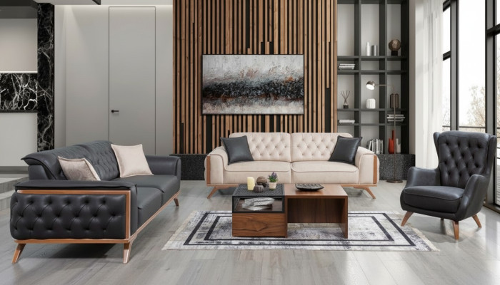 Stylish Black-Beige Living Room Sofa Set 3+3+1 Seater 3-piece Set