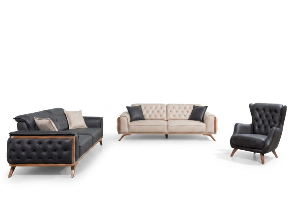 Stylish Black-Beige Living Room Sofa Set 3+3+1 Seater 3-piece Set