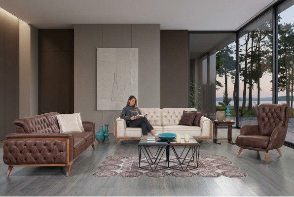 Chesterfield Faux Leather Suite Modern Three-Seater Designer Armchair 3-piece Set
