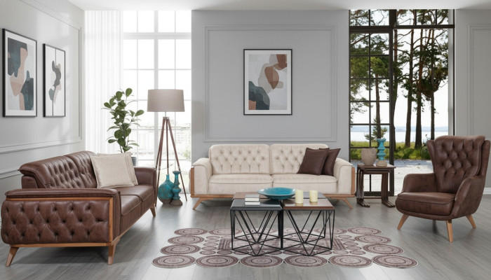 Chesterfield Faux Leather Suite Modern Three-Seater Designer Armchair 3-piece Set