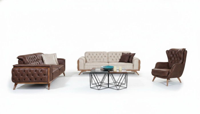 Chesterfield Faux Leather Suite Modern Three-Seater Designer Armchair 3-piece Set