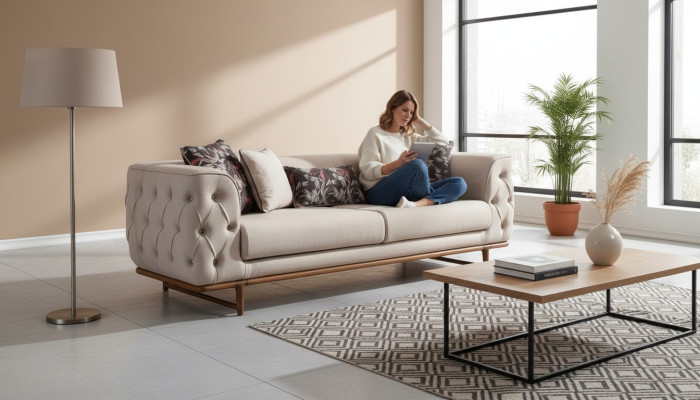 Light beige Chesterfield three-seater luxurious 3-seat noble upholstered sofas
