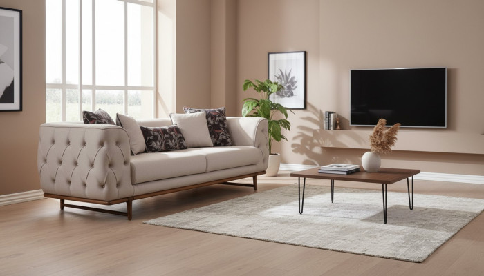 Light beige Chesterfield three-seater luxurious 3-seat noble upholstered sofas