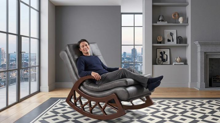Exclusive Gray Rocking Chair Living Room Relaxation Furniture Wood Frame New