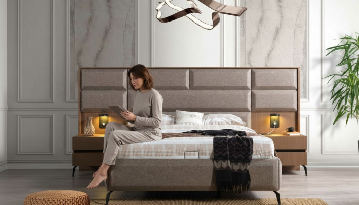 Exclusive Gray Bedroom Double Bed with 2x Bedside Tables 3-piece Set