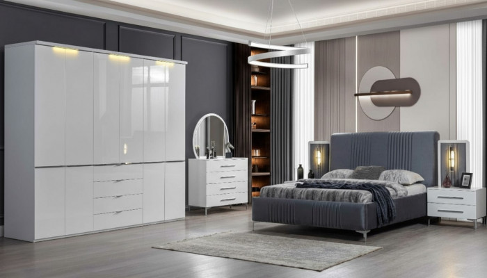 White bedroom furniture textile bed large wardrobe nightstands