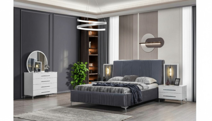 Stylish Bedroom Set Gray Double Bed Wood Nightstands 5-piece