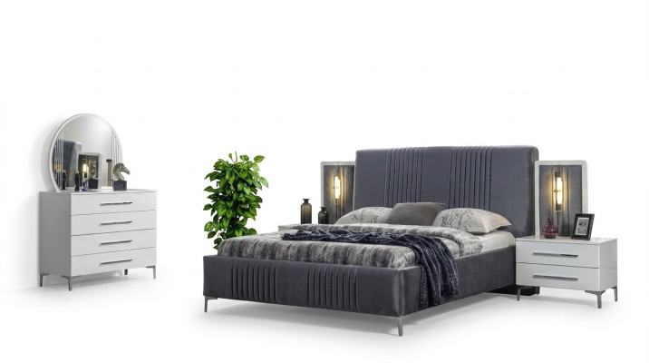 Stylish Bedroom Set Gray Double Bed Wood Nightstands 5-piece