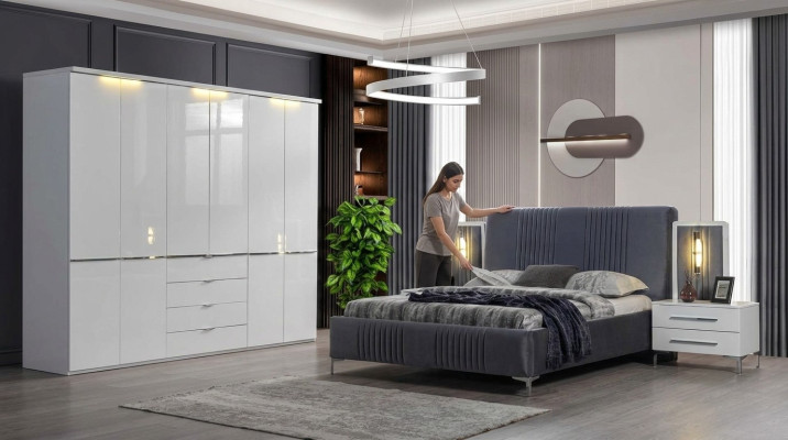 White-Grey Bedroom Furniture Textile Bed Bedside Table Wardrobe 4-piece Set