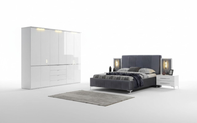 White-Grey Bedroom Furniture Textile Bed Bedside Table Wardrobe 4-piece Set