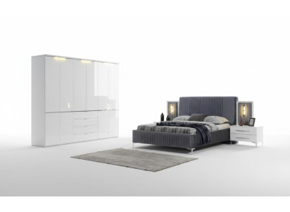 White-Grey Bedroom Furniture Textile Bed Bedside Table Wardrobe 4-piece Set