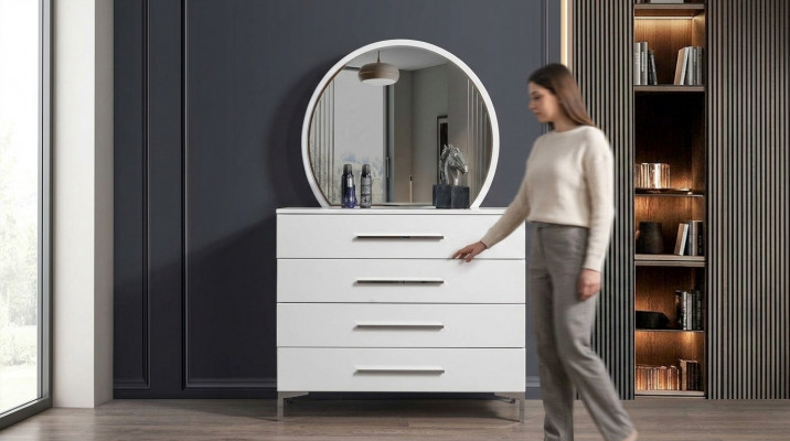 Four-door white bedroom dresser designer glass round mirror 2-piece set