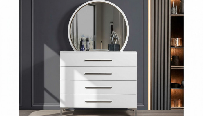 Four-door white bedroom dresser designer glass round mirror 2-piece set