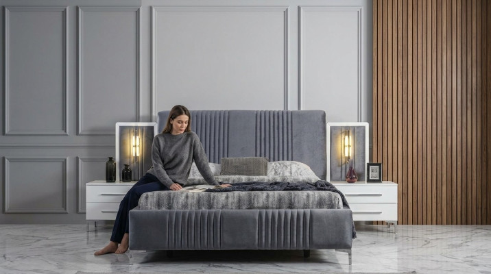 Modern gray double bed 2x wooden nightstands bedroom set