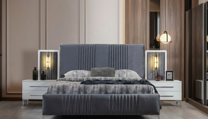 Modern gray double bed 2x wooden nightstands bedroom set