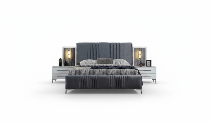 Modern gray double bed 2x wooden nightstands bedroom set