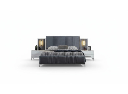 Modern gray double bed 2x wooden nightstands bedroom set