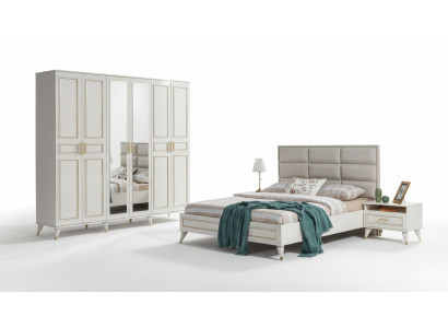 White bedroom furniture wood glass cabinet textile double bed nightstands