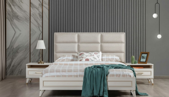 White Bedroom Set Upholstered Double Bed 2x Wooden Nightstands 3-piece Set