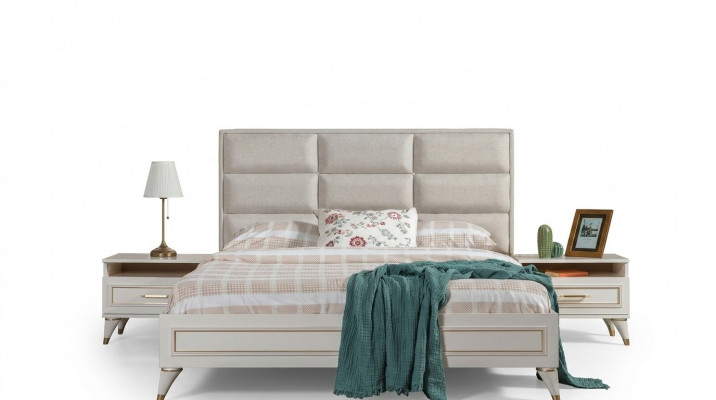 White Bedroom Set Upholstered Double Bed 2x Wooden Nightstands 3-piece Set