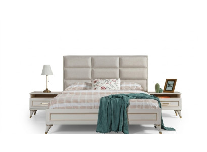 White Bedroom Set Upholstered Double Bed 2x Wooden Nightstands 3-piece Set